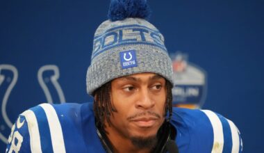 Indianapolis Colts running back Jonathan Taylor is interviewed