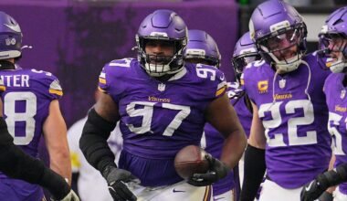 Dec 7, 2025; Minneapolis, Minnesota, USA; Minnesota Vikings nose tackle Javon Hargrave (97) reacts against the Washington Commanders during the second half at U.S. Bank Stadium. Mandatory Credit: Brad Rempel-Imagn Images