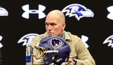 Jan 29, 2026; Owings Mills, MD, USA; Eric DeCosta at Jesse Minter’s press conference at Under Armour Performance Center. Mandatory Credit: Lexi Thompson-Imagn Images