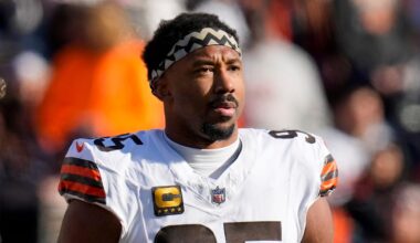 Cleveland Browns defensive end Myles Garrett (95) walks on to the field after a timeout in the first quarter of the NFL Week 18 game between the Cincinnati Bengals and the Cleveland Browns at Paycor Stadium in Downtown Cincinnati on Sunday, Jan. 4, 2026.