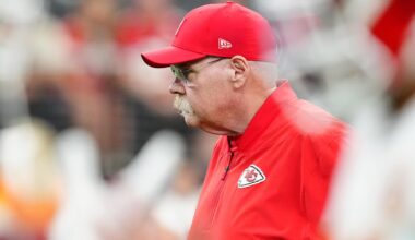 Jan 4, 2026; Paradise, Nevada, USA; Kansas City Chiefs head coach Andy Reid observes warm-ups before a game against the Las Vegas Raiders at Allegiant Stadium.