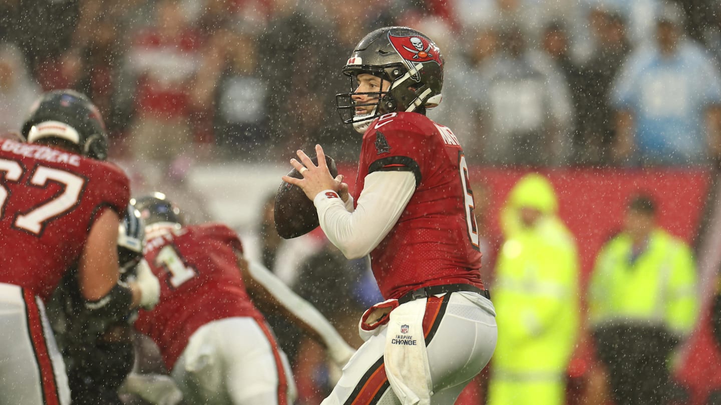 Jan 3, 2026; Tampa, Florida, USA;  Tampa Bay Buccaneers quarterback Baker Mayfield (6) throws a pass against the Carolina Panthers in the first half at Raymond James Stadium. Mandatory Credit: Nathan Ray Seebeck-Imagn Images