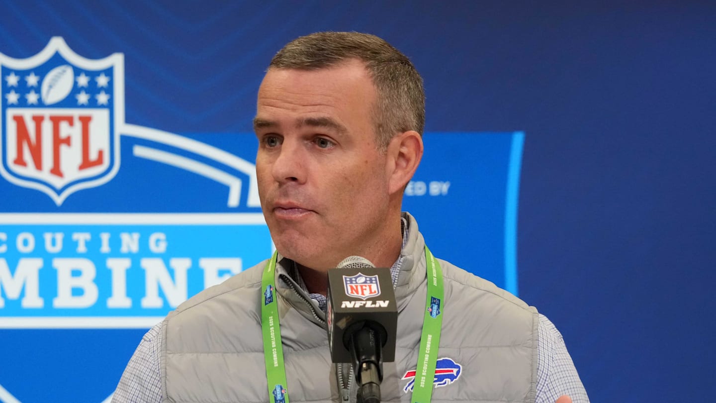 Feb 25, 2025; Indianapolis, IN, USA; Buffalo Bills general manager Brandon Beane speaks during the NFL Scouting Combine at the Indiana Convention Center. Mandatory Credit: Kirby Lee-Imagn Images