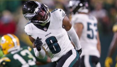 Philadelphia Eagles cornerback Adoree' Jackson reacts after breaking up a pass intended for Green Bay Packers wide receiver Dontayvion Wicks (13) on Monday, November 10, 2025, at Lambeau Field in Green Bay, Wis. The Eagles won the game, 10-7.