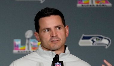 Seattle Seahawks head coach Mike Macdonald speaks to the media
