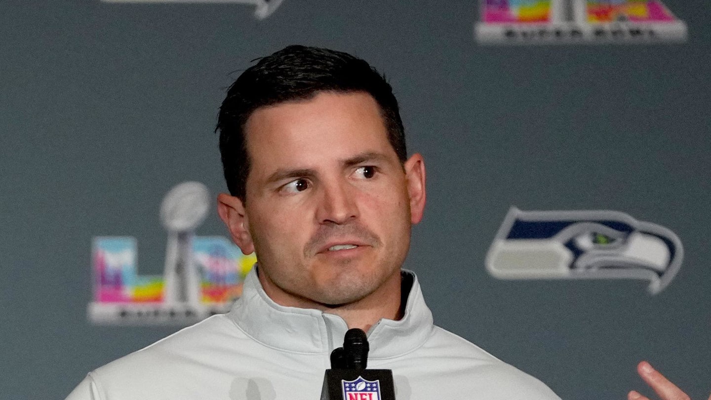 Seattle Seahawks head coach Mike Macdonald speaks to the media