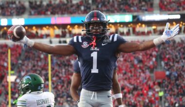 Dec 20, 2025; Oxford, MS, USA; Mississippi Rebels wide receiver De'Zhaun Stribling (1) reacts after catching a touchdown against the Tulane Green Wave during the second half of a game at Vaught-Hemingway Stadium. Mandatory Credit: Petre Thomas-Imagn Images