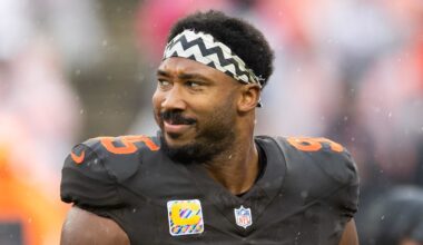 Oct 19, 2025; Cleveland, Ohio, USA; Cleveland Browns defensive end Myles Garrett (95) looks on during warm ups before the game against the Miami Dolphins at Huntington Bank Field. Mandatory Credit: Scott Galvin-Imagn Images