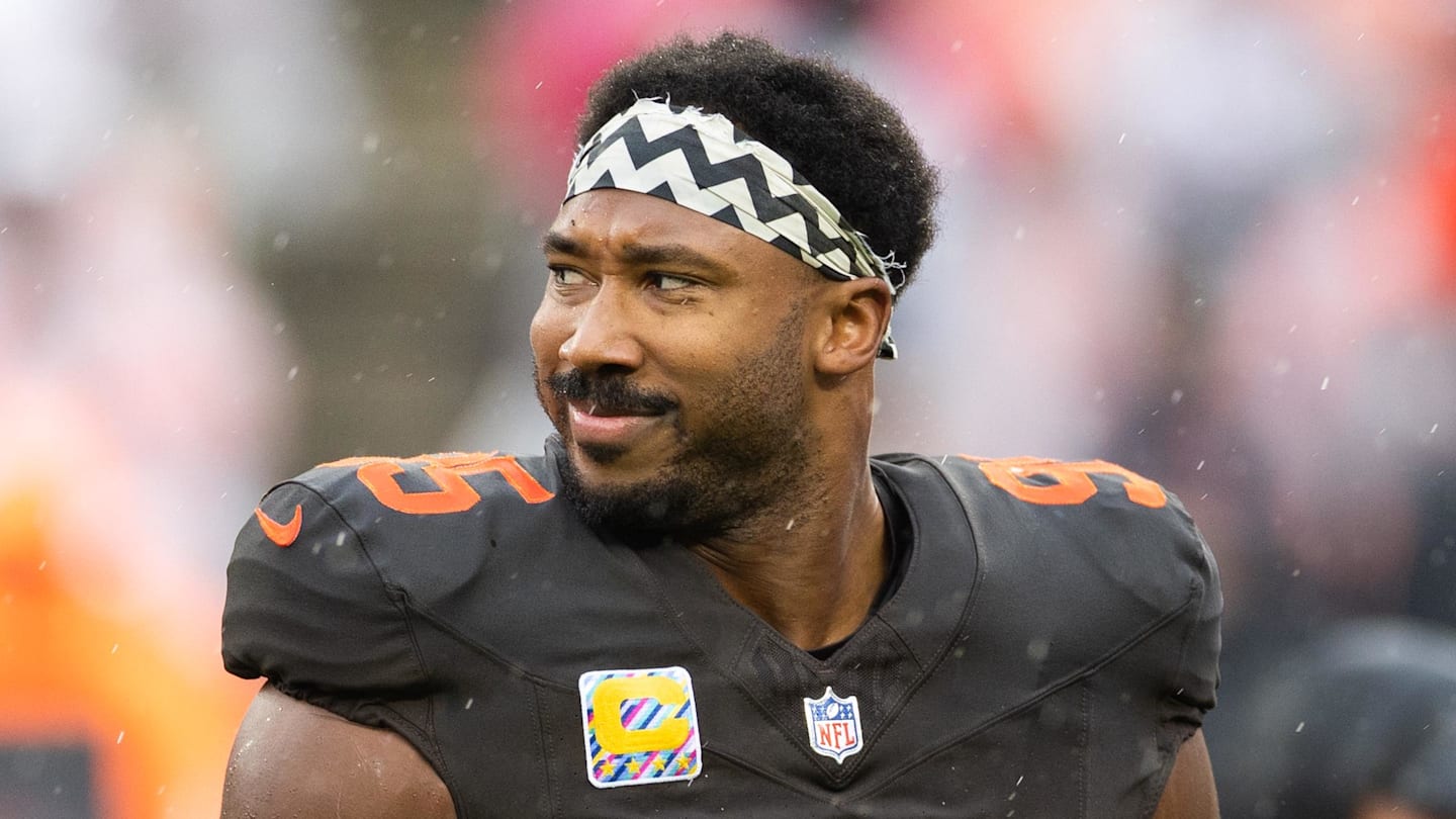 Oct 19, 2025; Cleveland, Ohio, USA; Cleveland Browns defensive end Myles Garrett (95) looks on during warm ups before the game against the Miami Dolphins at Huntington Bank Field. Mandatory Credit: Scott Galvin-Imagn Images