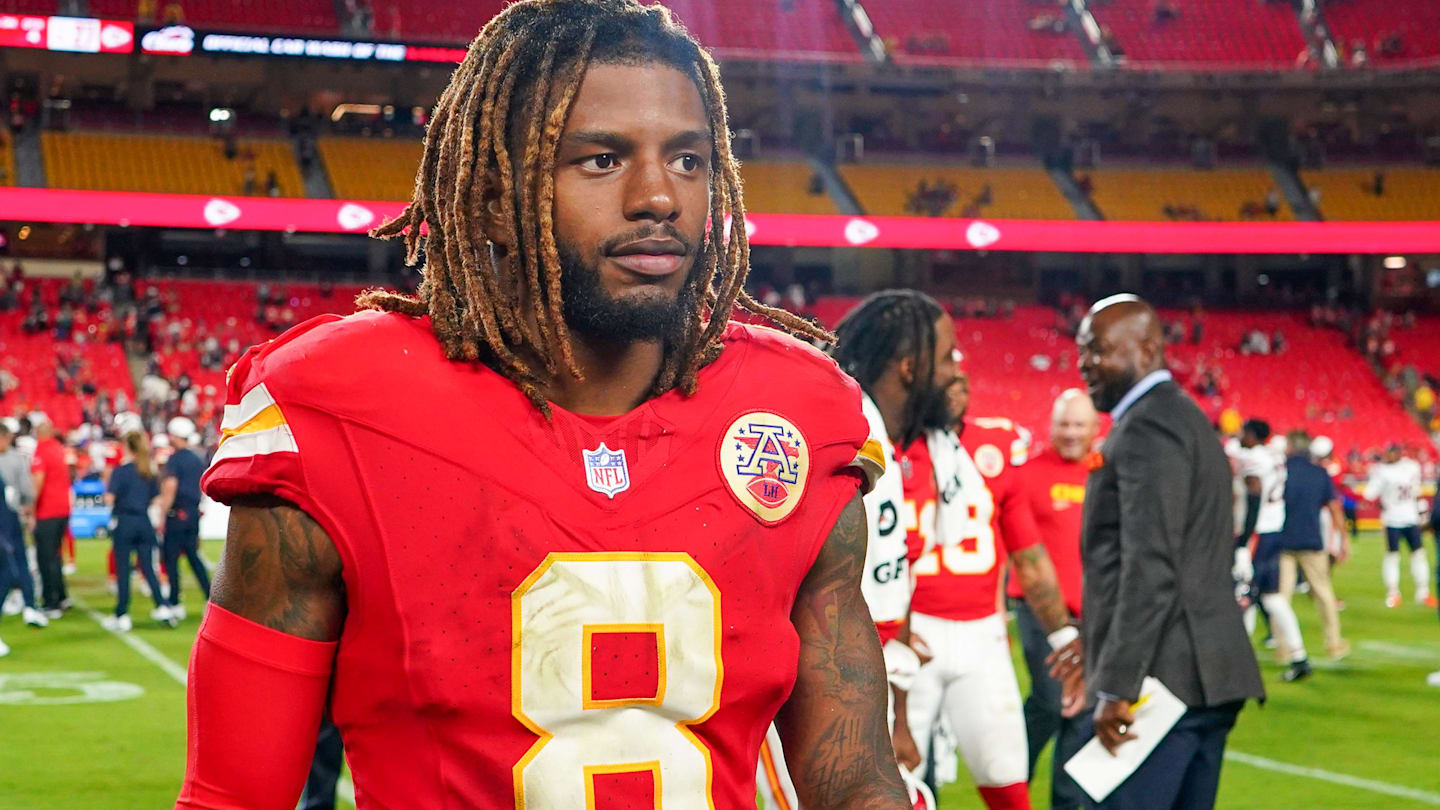 Aug 22, 2025; Kansas City, Missouri, USA; Kansas City Chiefs cornerback Kristian Fulton (8) leaves the field after the game against the Chicago Bears at GEHA Field at Arrowhead Stadium.