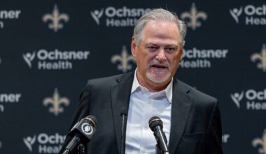 Nov 23, 2025; New Orleans, Louisiana, USA;  New Orleans Saints general manager Mickey Loomis during the Jimmy Graham retirement at Caesars Superdome. Mandatory Credit: Stephen Lew-Imagn Images