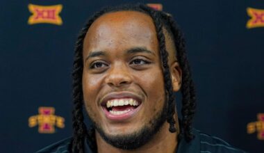 Jul 8, 2025; Frisco, TX, USA; Iowa State defensive lineman Domonique Orange answers questions from the media during 2025 Big 12 Football Media Days at The Star. Mandatory Credit: Raymond Carlin III-Imagn Images