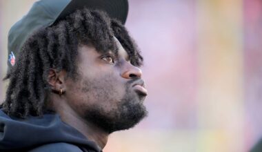 Injured Cincinnati Bengals defensive end Shemar Stewart (97) watches from the sideline in the third quarter of the NFL Week 12 game between the Cincinnati Bengals and the New England Patriots at Paycor Stadium in downtown Cincinnati on Sunday, Nov. 23, 2025. The Bengals fall to 3-8 with a 26-20 loss at home.