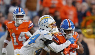 Jan 4, 2026; Denver, Colorado, USA; Los Angeles Chargers cornerback Benjamin St-Juste (24) tackles Denver Broncos wide receiver Pat Bryant (13) during the second half at Empower Field at Mile High. Mandatory Credit: Isaiah J. Downing-Imagn Images