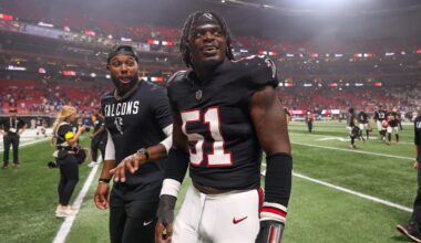 11Oct 13, 2025; Atlanta, Georgia, USA; Atlanta Falcons linebacker Deangelo Malone (51) leaves the field following a game against the Buffalo Bills at Mercedes-Benz Stadium. Mandatory Credit: Brett Davis-Imagn Images