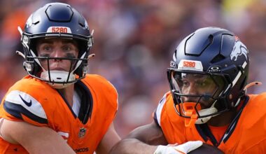 Sep 7, 2025; Denver, Colorado, USA; Denver Broncos running back J.K. Dobbins (27) receives a hand off from quarterback Bo Nix (10) during the second half at Empower Field at Mile High. Mandatory Credit: Ron Chenoy-Imagn Images