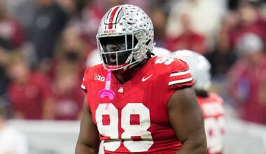 Ohio State Buckeyes defensive tackle Kayden McDonald (98) celebrates during the first half of the Big Ten Conference championship game against the Indiana Hoosiers at Lucas Oil Stadium in Indianapolis on Dec. 6, 2025.