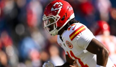 Dec 21, 2025; Nashville, Tennessee, USA;  Kansas City Chiefs wide receiver Jalen Royals (11) against the Tennessee Titans during pre-game warmups at Nissan Stadium.
