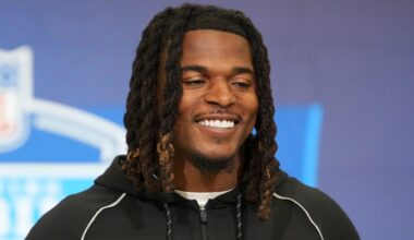 Feb 25, 2026; Indianapolis, IN, USA; LSU linebacker Harold Perkins (LB19) speaks during the NFL Scouting Combine at the Indiana Convention Center. Mandatory Credit: Kirby Lee-Imagn Images