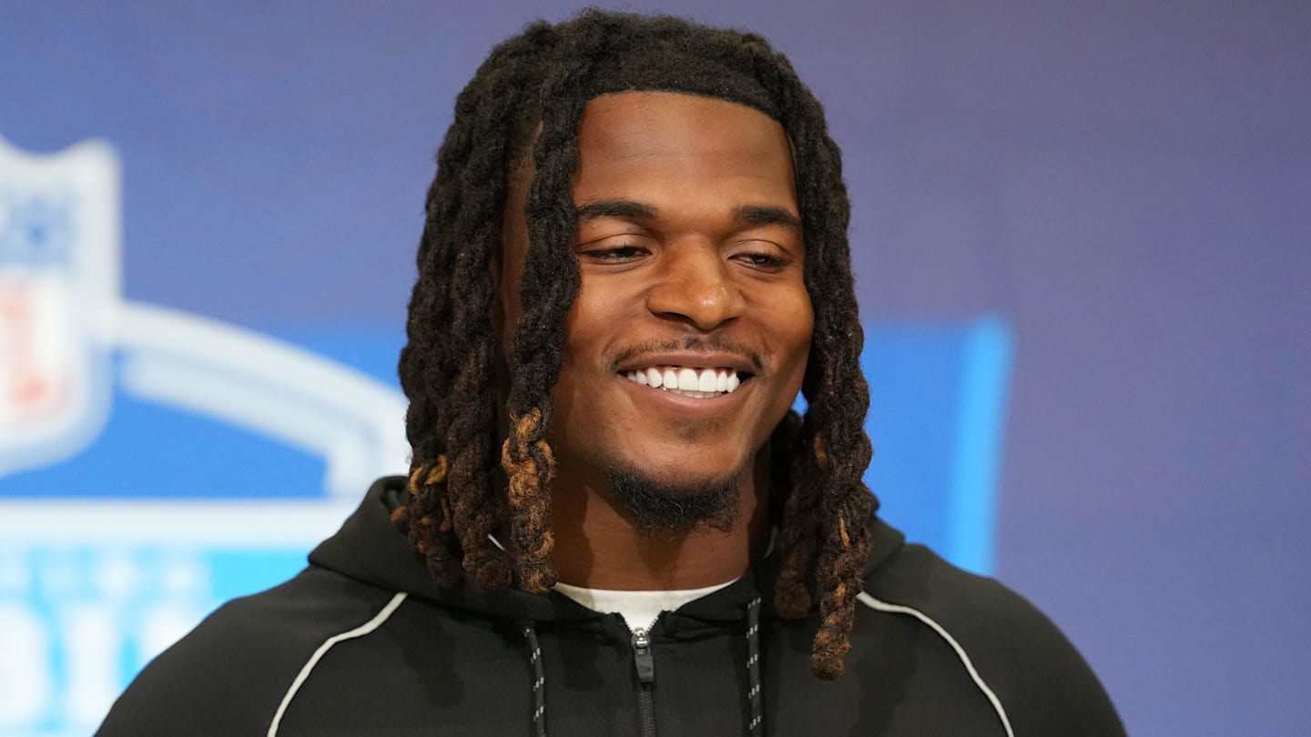 Feb 25, 2026; Indianapolis, IN, USA; LSU linebacker Harold Perkins (LB19) speaks during the NFL Scouting Combine at the Indiana Convention Center. Mandatory Credit: Kirby Lee-Imagn Images