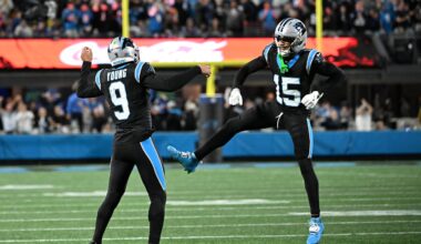 Jan 10, 2026; Charlotte, NC, USA; Carolina Panthers quarterback Bryce Young (9) and wide receiver Jimmy Horn Jr. (15) reacts in the fourth quarter in an NFC Wild Card Round game at Bank of America Stadium. Mandatory Credit: Bob Donnan-Imagn Images