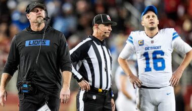 Detroit Lions head coach Dan Campbell and quarterback Jared Goff (16) watch a replay against the San Francisco 49ers during the second half at Levi's Stadium in Santa Clara, Calif. on Monday, Dec. 30, 2024.