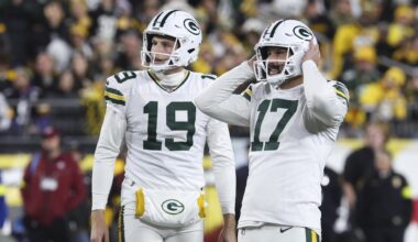 Green Bay Packers place kicker Brandon McManus (17) reacts after missing a field goal against the Pittsburgh Steelers during the second quarter at Acrisure Stadium.