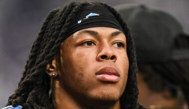 Dec 25, 2025; Minneapolis, Minnesota, USA; Detroit Lions running back Jahmyr Gibbs (0) looks on before the game against the Minnesota Vikings at U.S. Bank Stadium. Mandatory Credit: Jeffrey Becker-Imagn Images