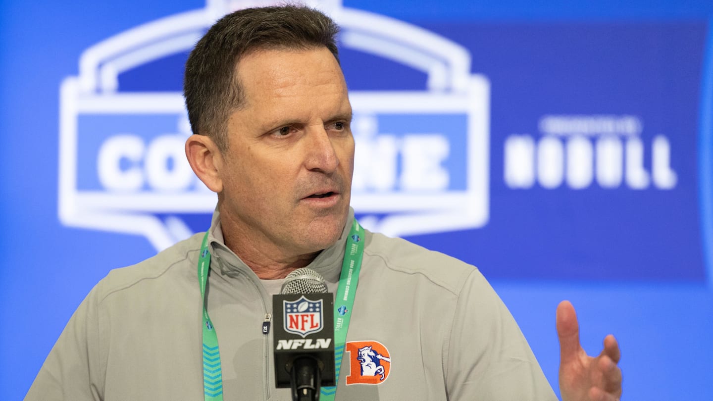 Feb 27, 2024; Indianapolis, IN, USA; Denver Broncos general manager George Paton talks to the media at the 2024 NFL Combine at Indiana Convention Center. Mandatory Credit: Trevor Ruszkowski-Imagn Images