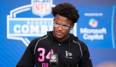 Feb 26, 2026; Indianapolis, IN, USA; Ohio State defensive back Caleb Downs (DB34) speaks to members of the media during the NFL Combine at the Indiana Convention Center. Mandatory Credit: Jacob Musselman-Imagn Images