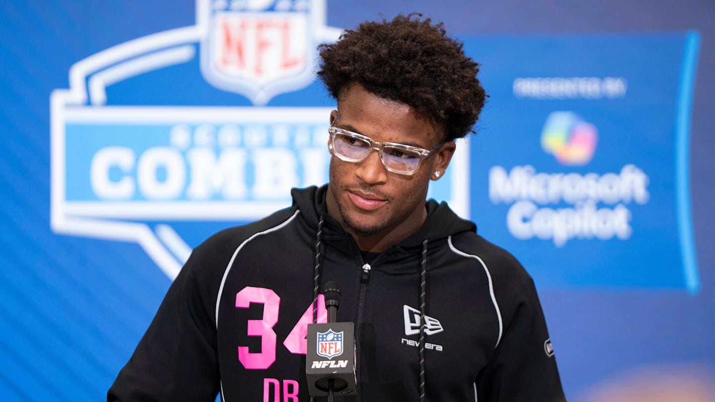 Feb 26, 2026; Indianapolis, IN, USA; Ohio State defensive back Caleb Downs (DB34) speaks to members of the media during the NFL Combine at the Indiana Convention Center. Mandatory Credit: Jacob Musselman-Imagn Images