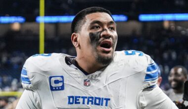 Detroit Lions offensive tackle Penei Sewell (58) walks off the field after 44-30 win over Dallas Cowboys at Ford Field in Detroit on Thursday, Dec. 4, 2025.