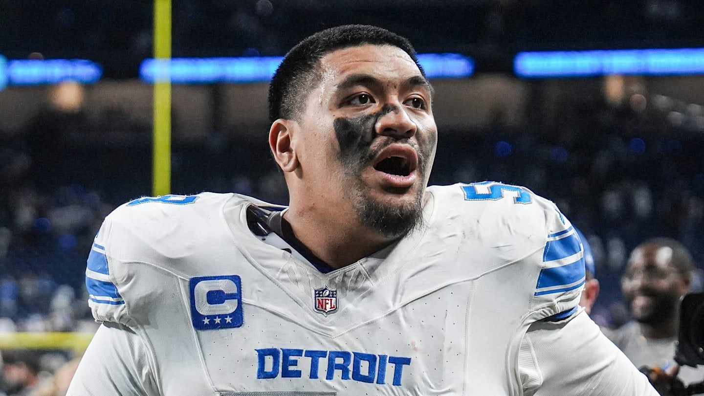 Detroit Lions offensive tackle Penei Sewell (58) walks off the field after 44-30 win over Dallas Cowboys at Ford Field in Detroit on Thursday, Dec. 4, 2025.