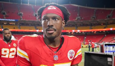 Aug 22, 2024; Kansas City, Missouri, USA; Kansas City Chiefs wide receiver Mecole Hardman (17) leaves the field after the game against the Chicago Bears at GEHA Field at Arrowhead Stadium. Mandatory Credit: Denny Medley-Imagn Images