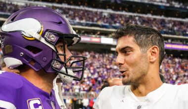 Minnesota Vikings quarterback Kirk Cousins (8) talks with San Francisco 49ers quarterback Jimmy Garoppolo (10). Mandatory Credit: Brace Hemmelgarn-Imagn Images