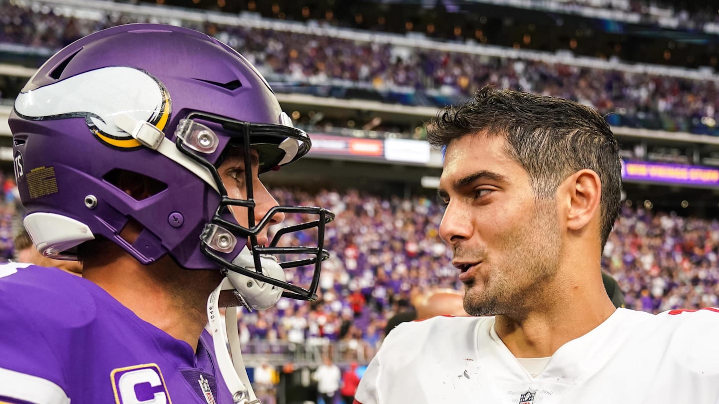 Minnesota Vikings quarterback Kirk Cousins (8) talks with San Francisco 49ers quarterback Jimmy Garoppolo (10). Mandatory Credit: Brace Hemmelgarn-Imagn Images
