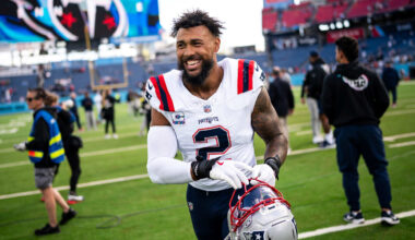 New England Patriots linebacker Harold Landry III exits the field after defeating the Tennessee Titans at Nissan Stadium in Nashville, Tenn., Sunday, Oct. 19, 2025.