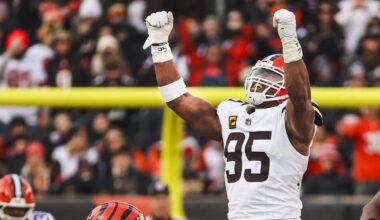 Jan 4, 2026; Cincinnati, Ohio, USA; Cleveland Browns defensive end Myles Garrett (95) celebrates following a sack against the Cincinnati Bengals during the fourth quarter at Paycor Stadium. The play set a new NFL single season sack record by Garrett. Mandatory Credit: Joseph Maiorana-Imagn Images