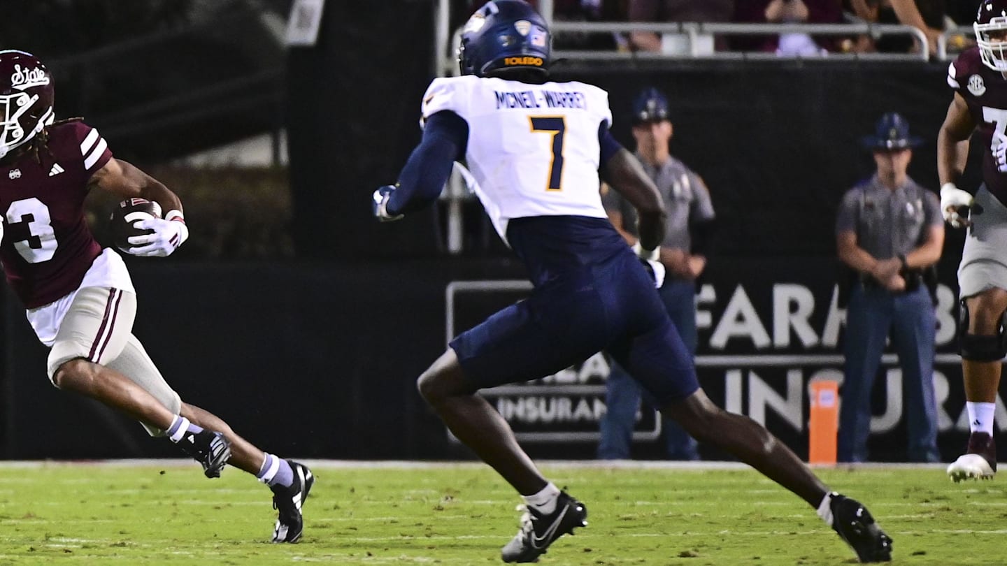 Dec 30, 2023; Tucson, AZ, USA; Toledo Rockets safety Emmanuel McNeil-Warren (22) against the Wyoming Cowboys in the Arizona Bowl at Arizona Stadium. Mandatory Credit: Mark J. Rebilas-USA TODAY Sports
