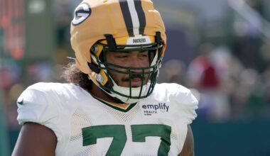 Green Bay Packers offensive tackle Jordan Morgan (77) is shown during a joint practice with the Seattle Seahawks on Thursday, August 21, 2025 in Green Bay, Wisconsin.