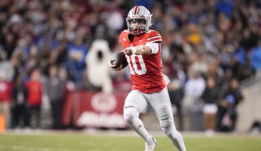 Ohio State Buckeyes quarterback Julian Sayin (10) runs during the NCAA football game against the UCLA Bruins at Ohio Stadium in Columbus on Nov. 15, 2025.