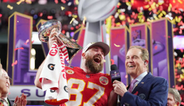 Kansas City Chiefs tight end Travis Kelce (87) celebrates while being interviewed by CBS commentator Jim Nantz after winning Super Bowl LVIII against the San Francisco 49ers at Allegiant Stadium. Mandatory Credit: Kirby Lee-Imagn Images