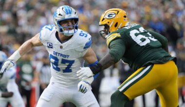 Sep 7, 2025; Green Bay, Wisconsin, USA; Detroit Lions defensive end Aidan Hutchinson (97) fights for position with Green Bay Packers offensive tackle Rasheed Walker (63) during the second quarter at Lambeau Field. Mandatory Credit: Jeff Hanisch-Imagn Images