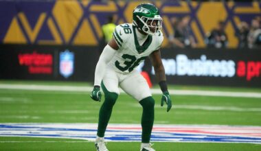 New York Jets safety Chuck Clark (36) against the Minnesota Vikings in the second half at Tottenham Hotspur Stadium.