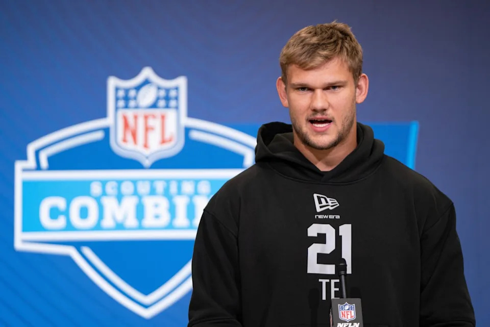 Feb 26, 2026; Indianapolis, IN, USA; Stanford tight end Sam Roush (TE21) speaks to members of the media during the NFL Combine at the Indiana Convention Center. Mandatory Credit: Jacob Musselman-Imagn Images