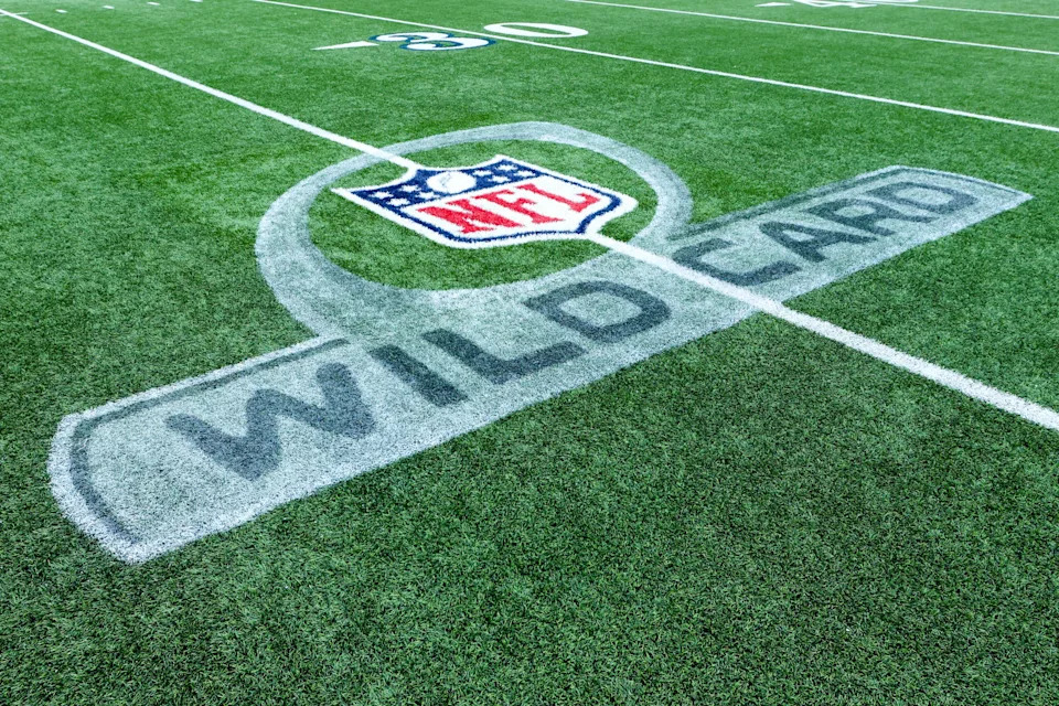 The NFL wild-card logo is seen on the field prior to a game between the Miami Dolphins and Buffalo Bills in the AFC playoff game at Highmark Stadium on Jan. 15, 2023 in Orchard Park, New York.