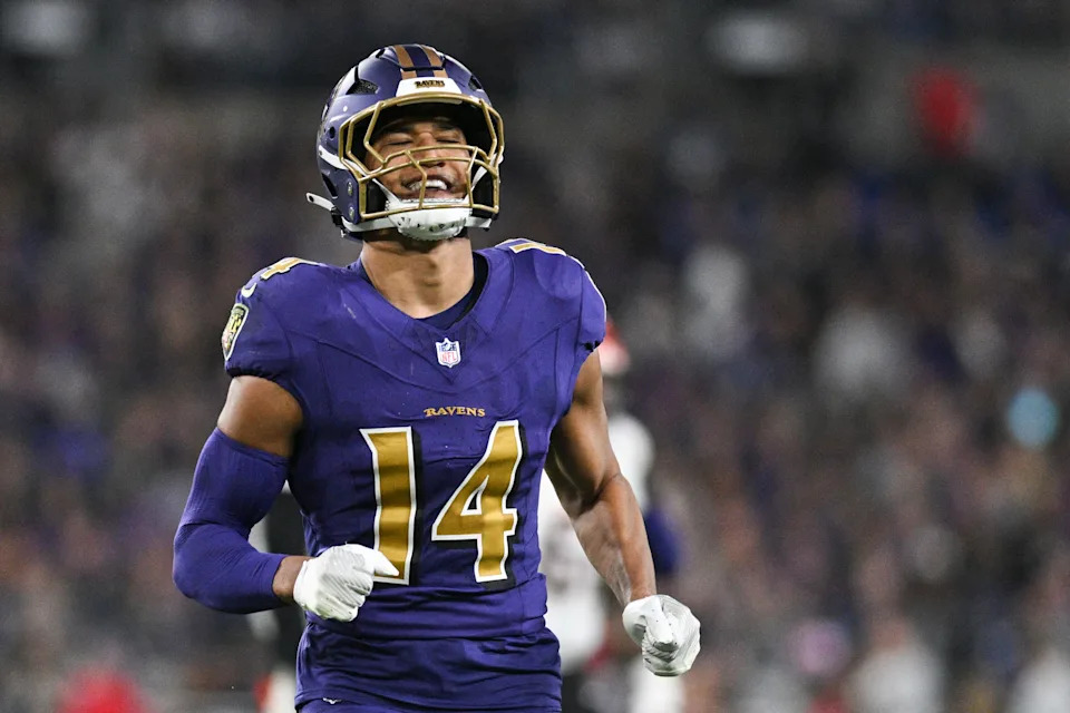 Baltimore Ravens safety Kyle Hamilton reacts.