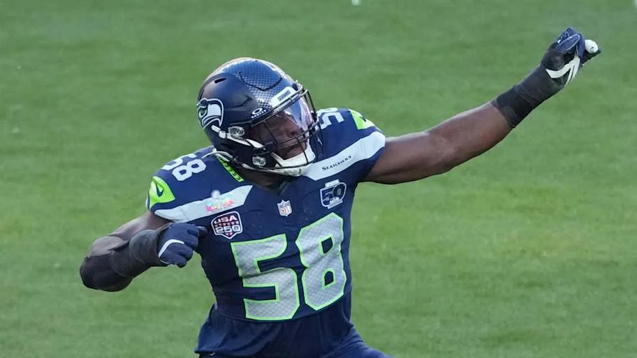 Seattle Seahawks linebacker Derick Hall (58) reacts after a sack against the New England Patriots