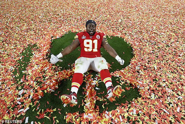 Nnadi is pictured celebrating in confetti after winning Super Bowl LIV with the Chiefs