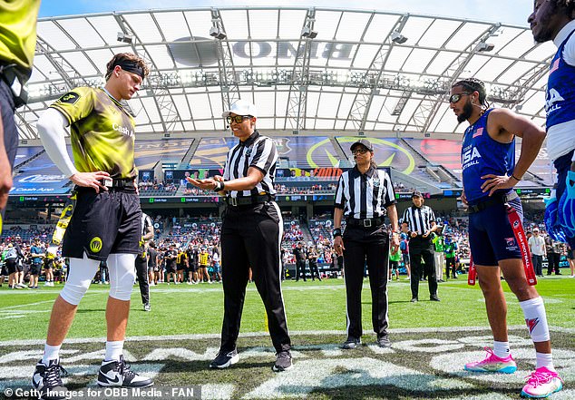 Joe Burrow #9 of the Wildcats FFC and Housh Doucette #7 of the US Men's Flag Football Team look on during the coin flip during the Fanatics Flag Football Classic at BMO Stadium